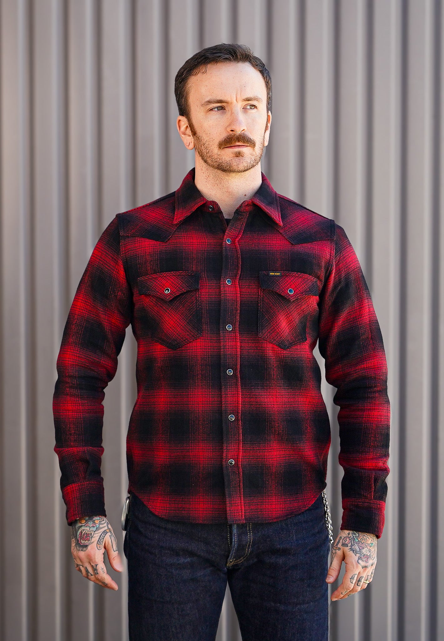 Iron Heart IHSH-264-RED Ultra Heavy Flannel Ombré Check Western Shirt - Red/Black