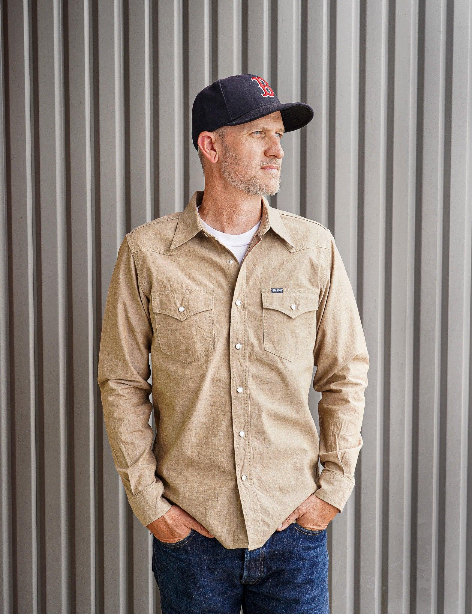 Iron Heart IHSH-315-KHA 10oz Selvedge Chambray Western Shirt - Khaki