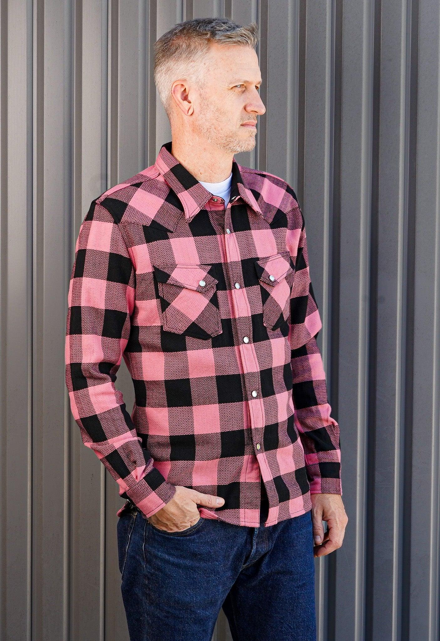 The Flat Head FN-SNW-101L Heavyweight Block Check Flannel Western Shirt - Pink