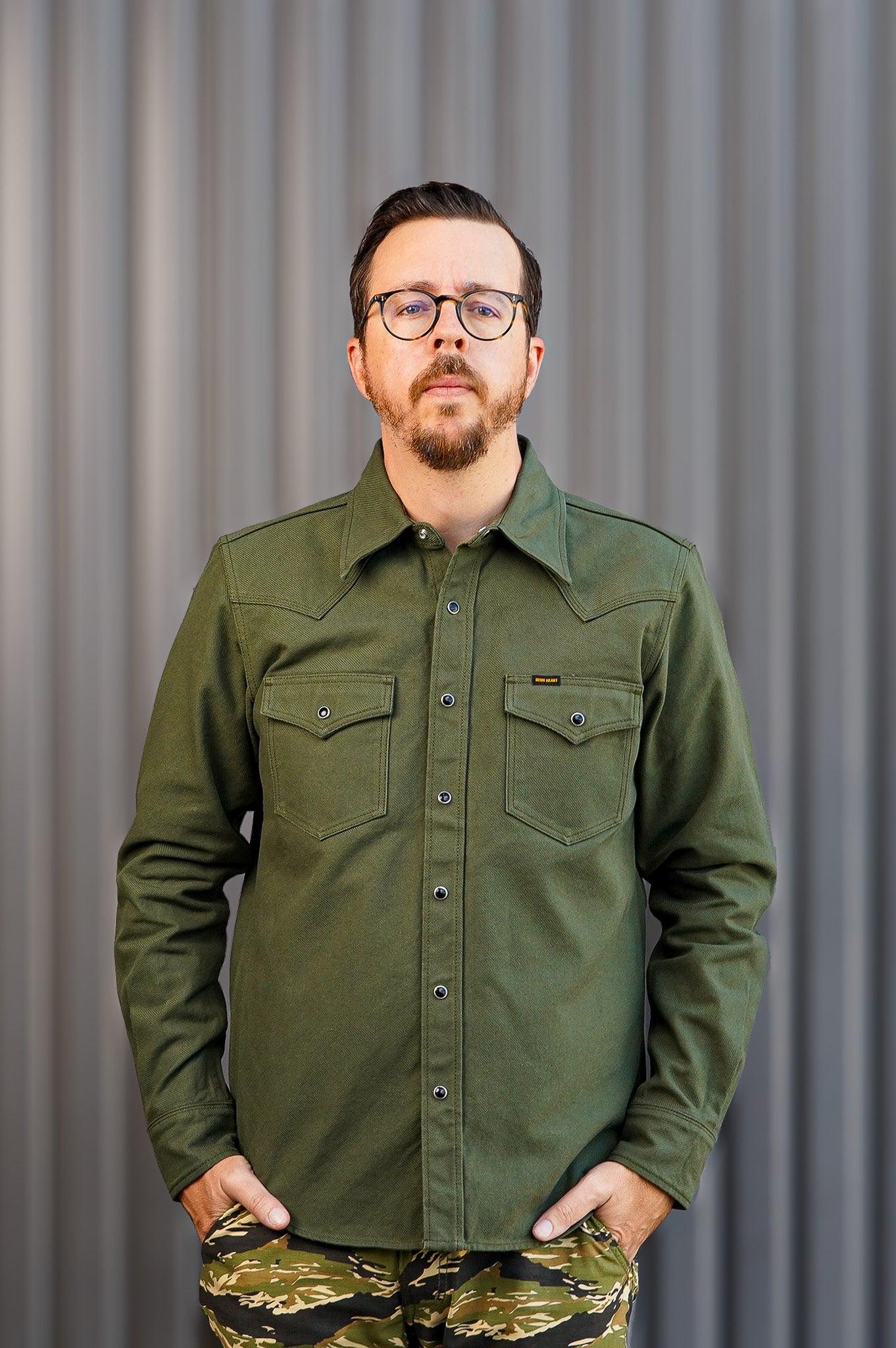 Iron Heart IHSH-213-OLV 13oz Military Serge Western Shirt - Olive Drab Green