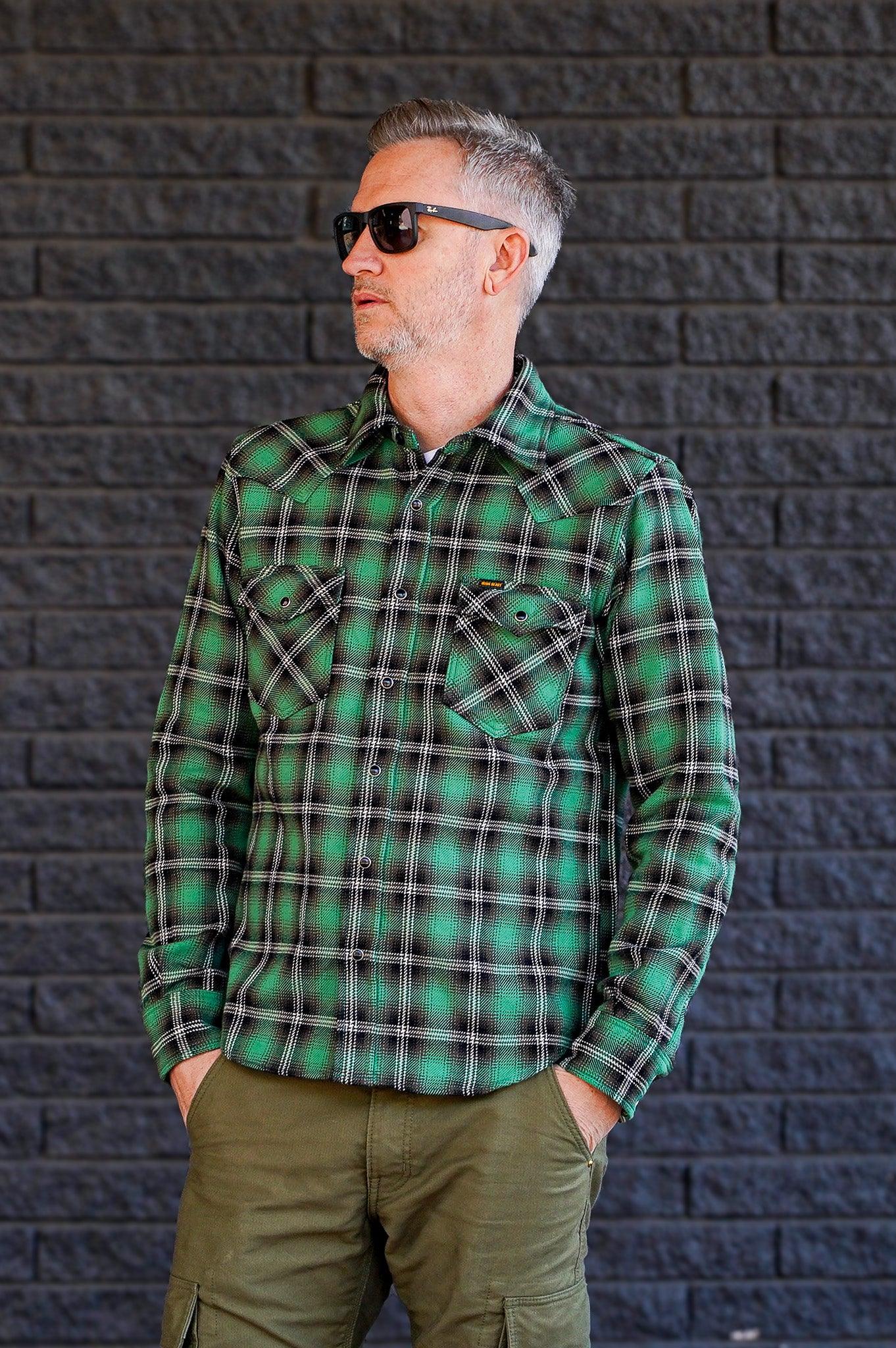 Iron Heart IHSH-405-GRN 12oz Ultra Heavy Flannel Check Western Shirt - Green