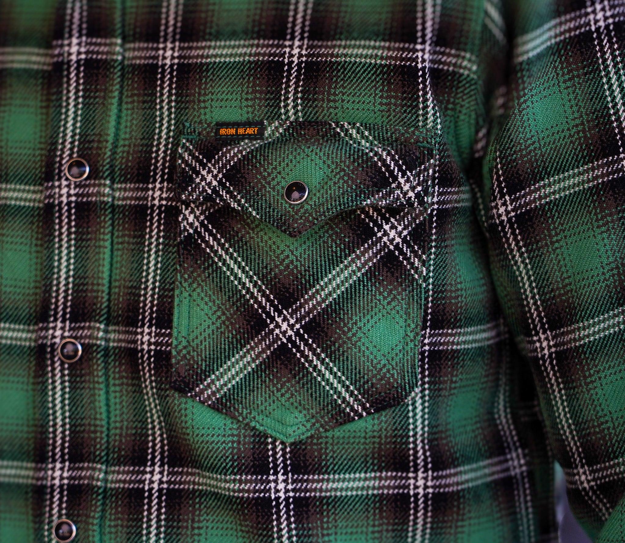 Iron Heart IHSH-405-GRN 12oz Ultra Heavy Flannel Check Western Shirt - Green