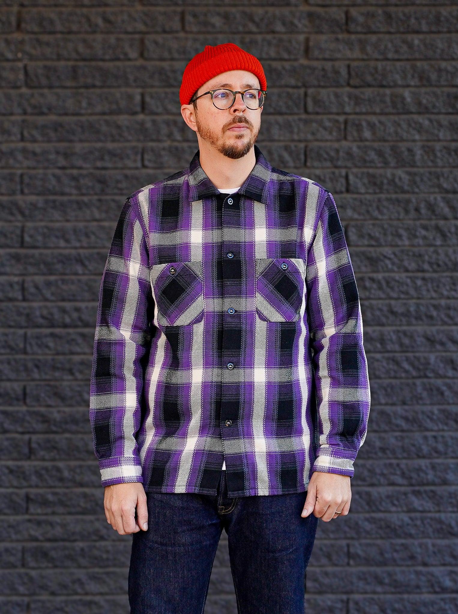 The Flat Head FN-SNR-012L Heavyweight Block Check Flannel Work Shirt - Purple