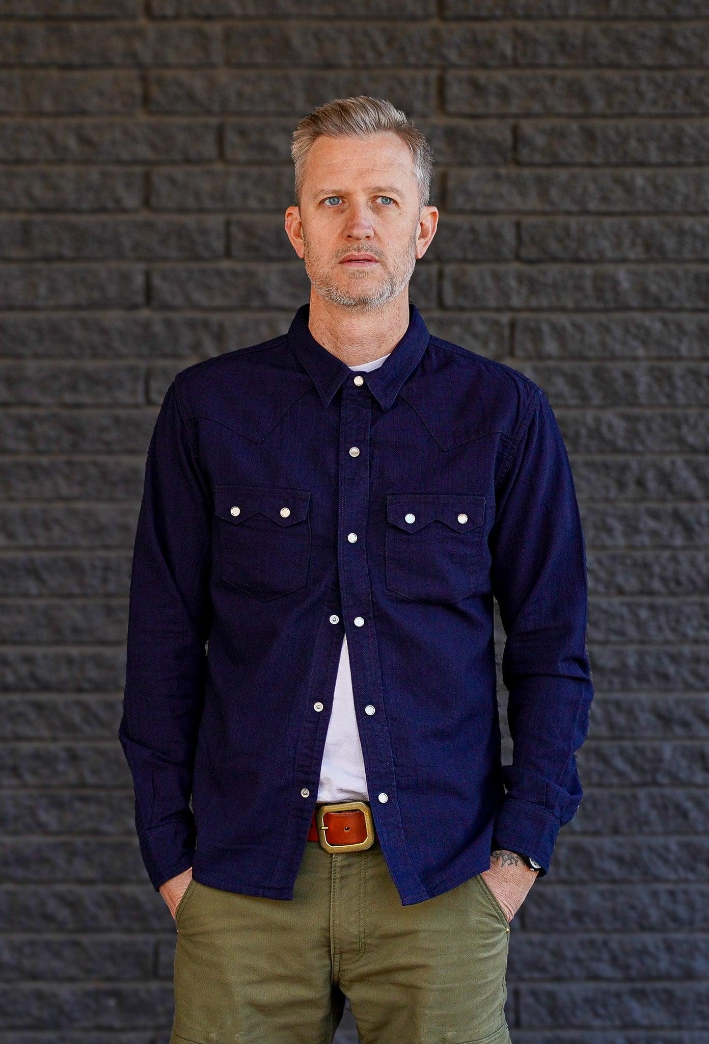 The Flat Head FN-SCW-002L Indigo Dobby Western Shirt