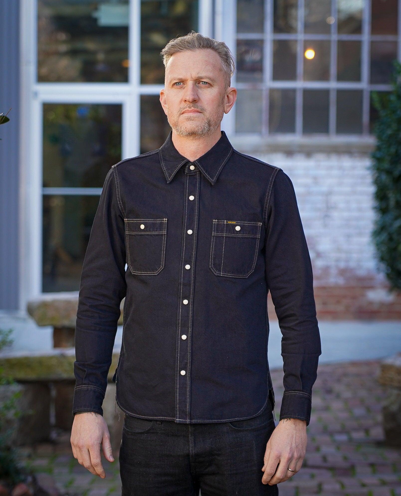 Iron Heart 12oz Selvedge Denim Work Shirt With Snaps IHSH-326-OD - Indigo Overdyed Black - Guilty Party